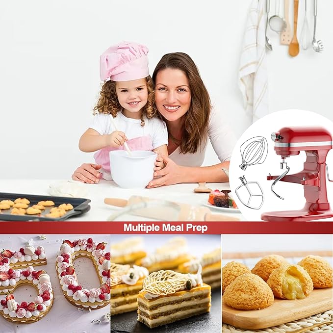 Stainless Steel 3 Piece kit Attachments for KitchenAid Stand Mixer and 5.5-6 Quart Bowl, Dishwasher Safe (5.5-6QT Flat Beater, 6QT Dough Hook, KN256 6-Wire Whip Attachment)