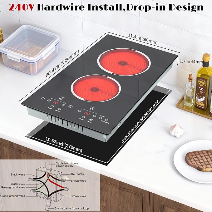 Karinear 2 Burner Electric Cooktop, 12 Inch Ceramic Glass Stove Top 3000W, Touch Control with 9 Power Levels, Timer & Child Safety Lock,Pause, for All Cookware, 240V Hardwired Drop-in Install
