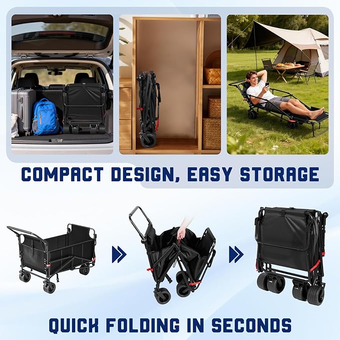LEVELEVE Heavy Duty Folding Wagon - 2-in-1 Collapsible Cart, 650lb Capacity, All-Terrain Wheels w/Brakes & Side Pockets (Black)