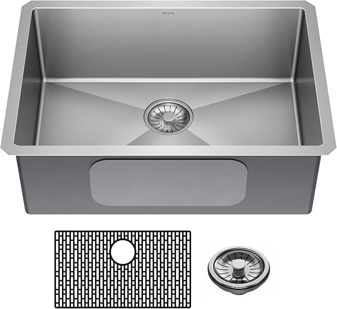 DELTA FAUCET Delta Lenta 26-inch Undermount 16 Gauge Stainless Steel Single Bowl Kitchen Sink with Accessories, 953034-26S-SS, Satin