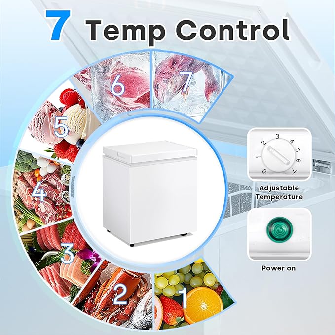 3.5 Cu.Ft Chest Freezer, Compact Chest Freezer with 7 Thermostat, Mini Deep Freezer with Removable Basket, Low Noise, Top Door Free-Standing Freezer for Garage/Dorm/Office/Apartment, White