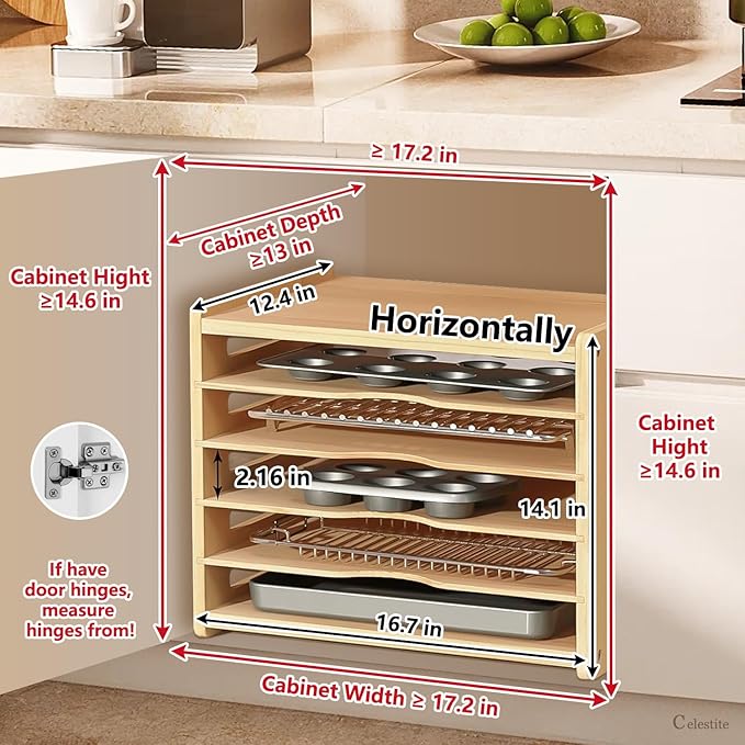 celestite Wooden Tray Dividers for Cabinets, Cookie Sheet Organizer for Cabinet, Baking Sheet Pan Organizer for Kitchen Organizers and Storage (6 Tier 12.4" Wx14.1 Hx16.7 D)