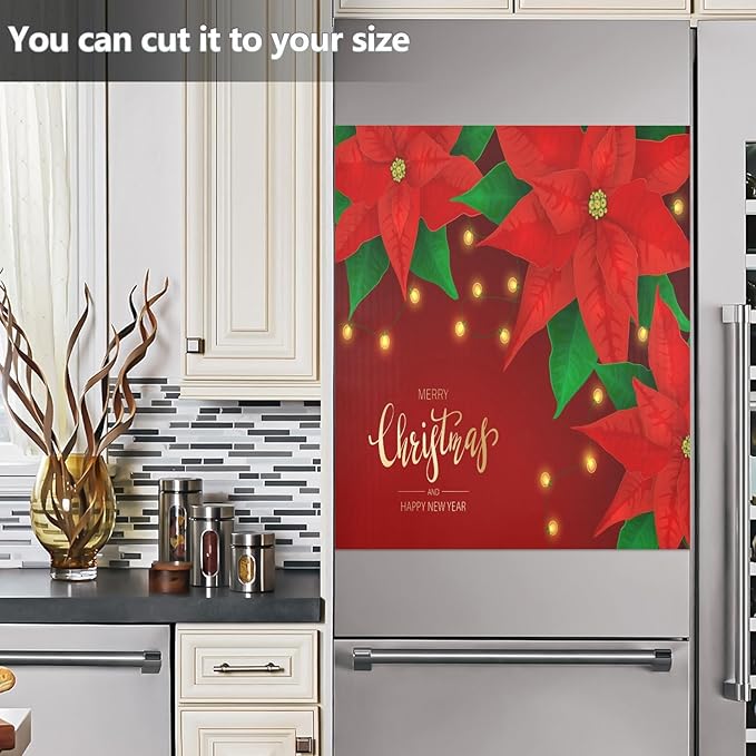 Red Poinsettia Flowers Christmas Lights Dishwasher Magnet Cover Sticker Magnetic Refrigerator Panel Front Door Fridge Microwave Decal Decorative