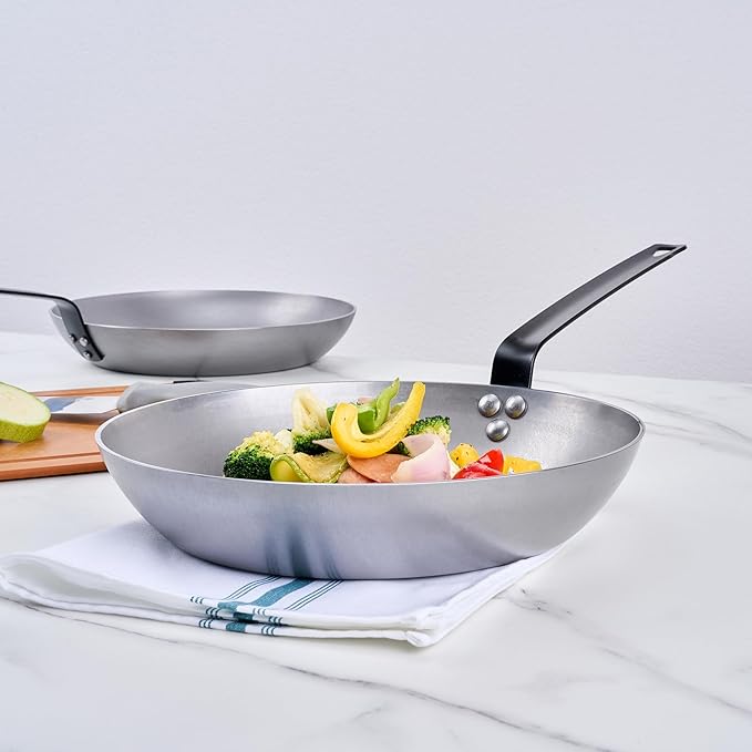 Restaurantware Met Lux 12 Inch Fry Pans, 6 No-Stick Frying Pans - Induction-Ready, Triple-Riveted, Silver Carbon Steel Cooking Skillets, Durable, For Searing, Sauteing, And Browning Food