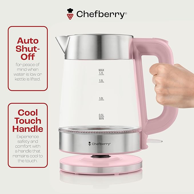 Electric Kettle for Boiling Hot Tea & Water | 1.7L Stainless Steel Borosilicate Glass Boiler With No Plastic, Automatic Shutoff, BPA Free, Fast Heating Technology (Pink)