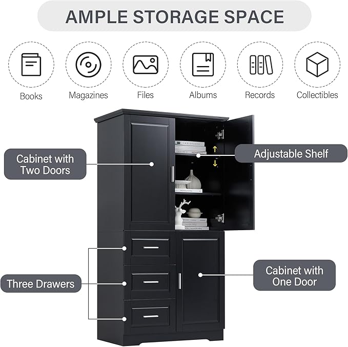 62.2" Wide Storage Cabinet Pantry Cupboard with Doors and Drawers for Home Kitchen, Bathroom and Living Room, Adjustable Shelf, Black