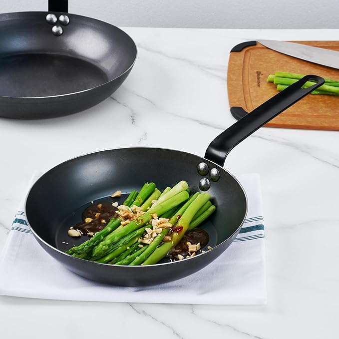Met Lux 9.5 Inch Fry Pan, 1 Lightweight Frying Pan - Induction-Ready, Triple-Riveted, Black Carbon Steel Cooking Skillet, Durable, For Searing, Sauteing, And Browning Food - Restaurantware