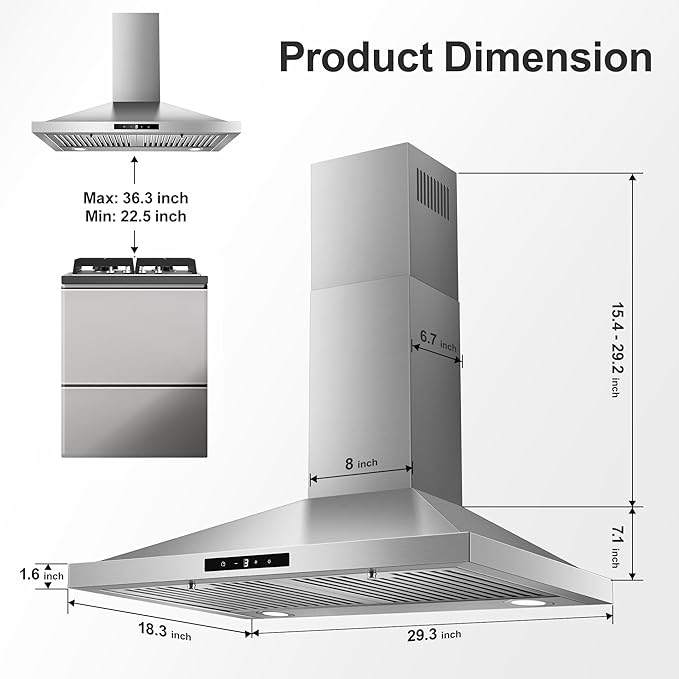 Range Hood 30 inch, Vent Hoods 30 inch Stainless Steel, 450 CFM Ductless/Ducted Convertible Kitchen Hood with LED Light Baffle Filters, 3 Speed Exhaust Fan,Touch Control