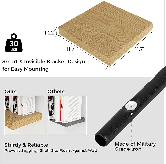 Square Floating Shelves for Wall 12"W x 12"D x 1.2"H, Small Engineered Wood Wall Shelves with Invisible Brackets for Living Room Bedroom Bathroom Office Kitchen Storage & Decor, Oak Finish, Set of 3
