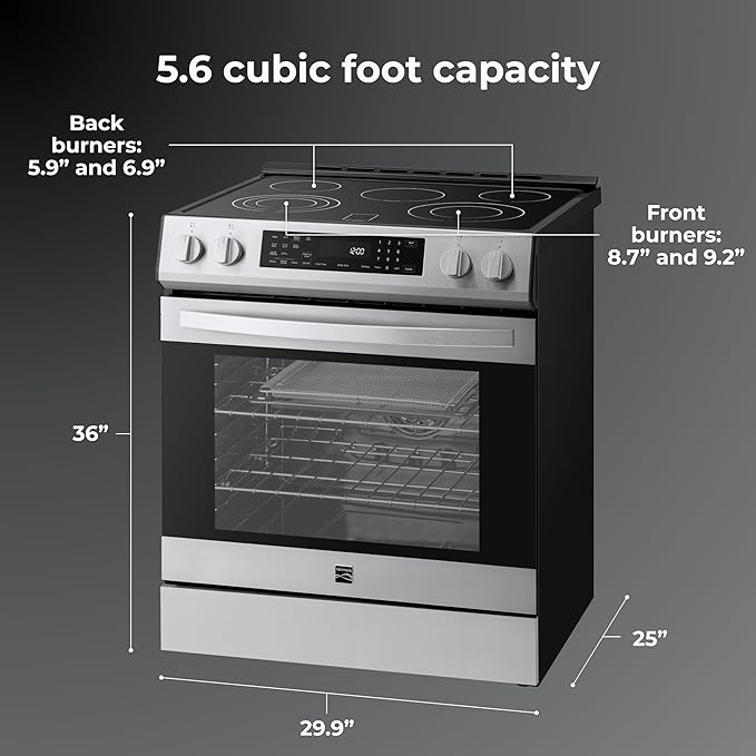Kenmore 5.6 cu. ft. Front Control Electric Range Oven with 5 Elements - True Convection, Air Fry, Self Clean Oven, Temperature Probe, Ultra Durable Chrome Racks, Large Window - Stainless Steel