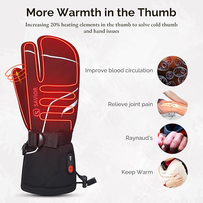 Heated Mittens Battery Gloves Men Women, SAVIOR HEAT Flexible Crab Finger Rechargeable Ski Mitten with 7.4V 2200mAh Battery for Winter Snow Skating Camping Hunting Hiking Motorcycle