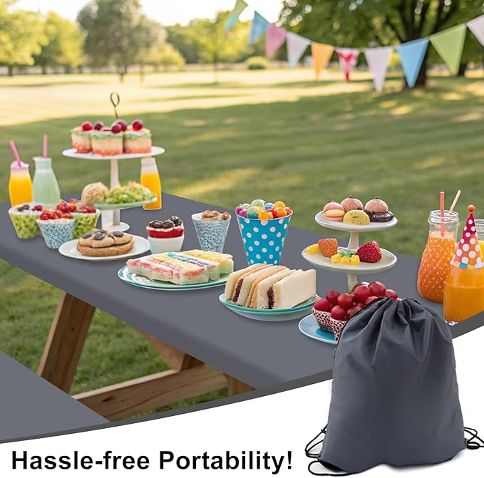 Smiry Picnic Table Cover with Bench Covers, Waterproof Elastic Fitted Polyester Tablecloths for 6 Ft Rectangle Tables, Washable Windproof Tablecloth for Camping, RV & Outdoor (Grey, 30x72 Inches)