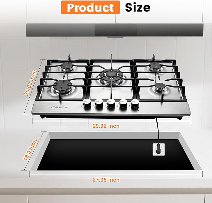 30 Inch Gas Cooktop,Built-in 5 Burners 304 Stainless Steel Gas Stovetop，NG/LPG Convertible Cooktops，Flame Failure Protection & Efficient Cooking