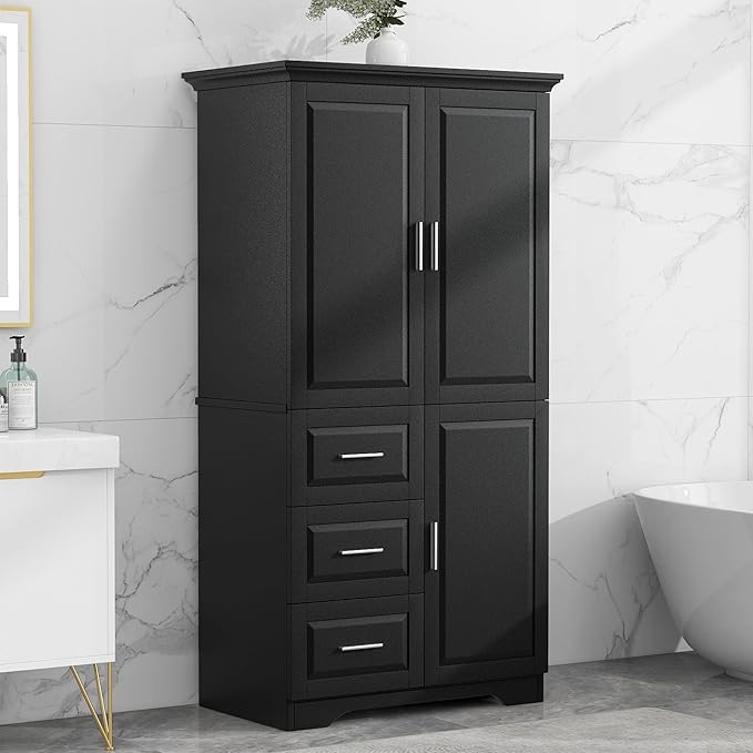 62.2" Wide Storage Cabinet Pantry Cupboard with Doors and Drawers for Home Kitchen, Bathroom and Living Room, Adjustable Shelf, Black