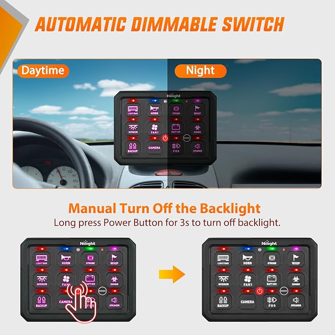 Nilight 12 Gang Switch Panel Circuit Control Relay System RGB Backlight Fuse Wiring Harness Toggle Momentary Strobe Flash Modes Automatic Dimmable 12V 24V for Car Truck Camper SUV