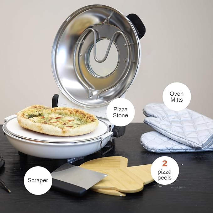 Electric Pizza Maker, 12 Inch Countertop Pizza Oven with Pizza Stone, 1200W Indoor Italian Style Pizza Cooker, Dual Heating with Independent Temperature Control, Heats Up to 800°F, White