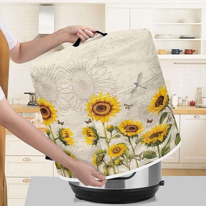 Air Fryer Pressure Cooker Dust Cover, for 3 Qt Kitchen Appliance Cover, with Top Handle and Accessories Pockets for Home Decoration, Sunflower Dragonfly Retro