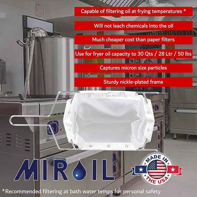 MirOil B5FS Fryer Oil Filter Bag & Frame Combo, Extends Life, Polish Hot & Cold Cooking Oil for Filtration for Deep Fryers, Fits on Top of Fryer Filter Pot, Pails & Storage Containers for Food Service