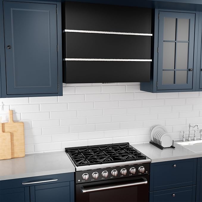 Akicon Range Hood 36 Inch, Stainless Steel Ducted Kitchen Hood with Powerful Motor, Wall Mount Modern Box, 36W X 30H X 14D Inch, AK-HS36HA-JBN (Jet Black with Nickel)