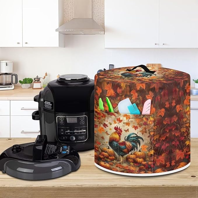 Xoenoiee Rooster Maple Leaf Kitchen Appliance Dust Cover with Pockets, Electric Pressure Cooker Cover Compatible with Crock Pot, Rice Cooker Covers Fall Decor, for 3 Qt Pot