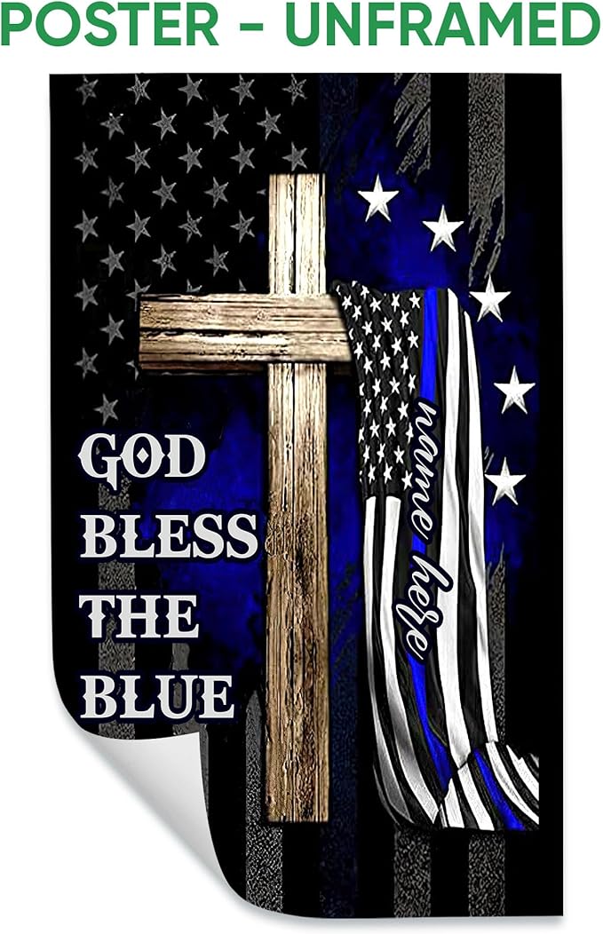 Personalized Police Poster & Framed Canvas, God Bless The Blue Home Office Decor, Custom Name Bedroom Living Room Aesthetic Wall Art Gift For Police Officer, Policeman, Husband, Men