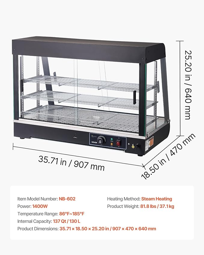 VEVOR 3-Tier Commercial Food Warmer Display, 1400W Food Display Warmer with LED Light, Top Storage and Adjustable Shelves, 86℉~185℉ Steam Heating, 137Qt/130L for Hamburger, Pizza, Bread, Fried Chicken