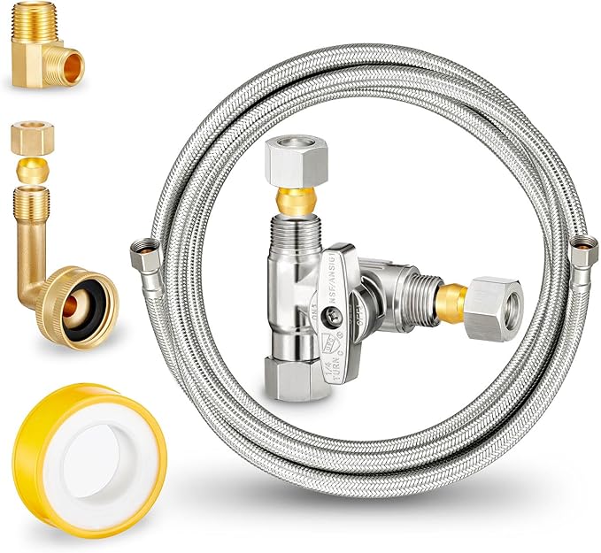 Dishwasher Hose Installation Kit - Includes Water Supply Line, 3/8" Compression Water Splitter, 3/4" FHT Elbow, and 3/8" MIP Elbow (4 FT)