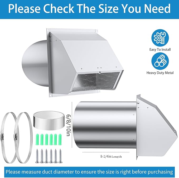 8 Inch Hooded Wall Vent with Screen and Damper,Wall Exhaust Vent Cover Cap,Dryer Vent Cover Outside,External Extractor Wall Vent Hood for House Kitchen Range Hood Air Ventilation White