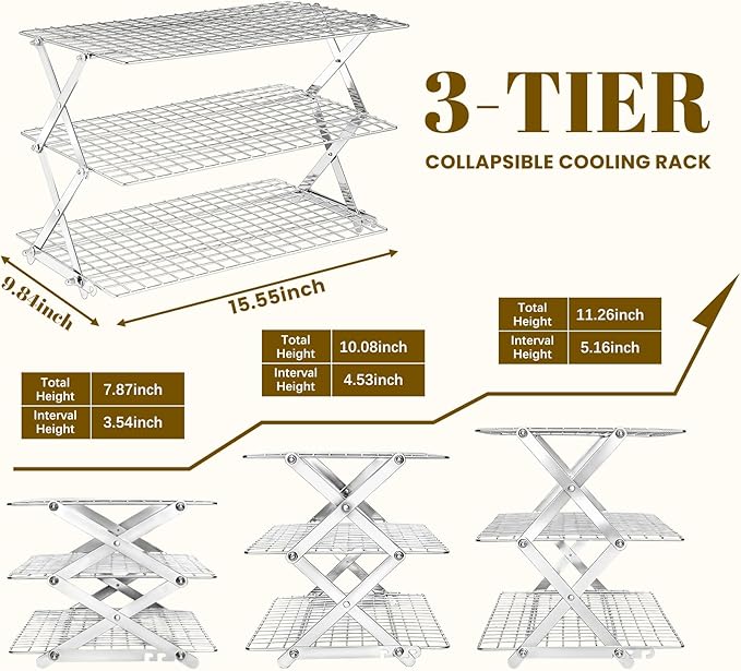 BEWOS 3 Tier Collapsible Cooling Rack - Adjustable Stainless Steel Baking Rack with Mesh Leak Proof，Foldable X-Shaped Structure Cooling Racks for Cooking and Baking, Dishwasher Safe