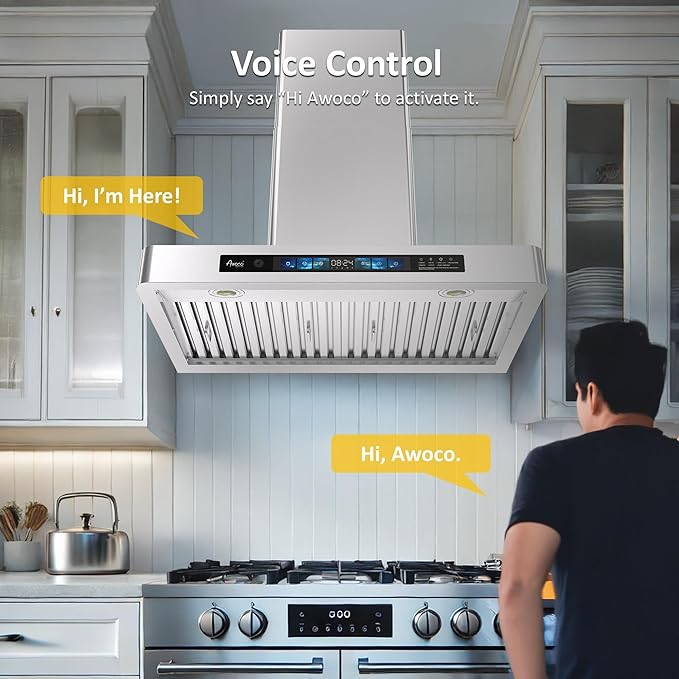 Awoco 30" Wall Mount Range Hood, T-Shape Kitchen Hood with 800 CFM, Voice, Gesture, Touch & Remote Controls, Stainless Steel, 6" Vent, Dimmable LED Lights, Baffle Filters, Adjustable Chimney