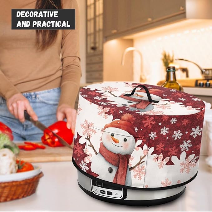 Snowman Snowflake Print Slow Cooker Cover with Accessory Pocket and Top Handle for Dust Protection Easy to Remove Winter Kitchen Appliance Organizer Christmas Decor Kitchen Accessories