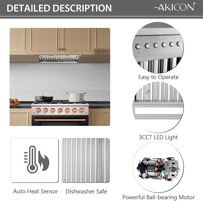 Akicon 30 Inch Range Hood Insert with Heater Sensor, 600 CFM Ultra-Quiet Stainless Steel Ducted Vent Hood Insert with 4 Speed Fan, Dimmable LED Lights and Dishwasher Safe Filters