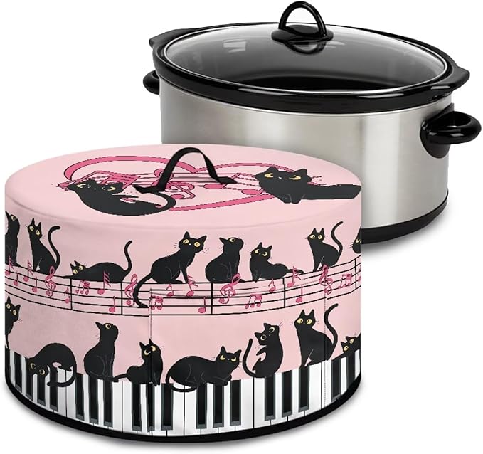 Black Cat Piano Music Note Print Slow Cooker Dust Cover Compatible with 6/7/8 Quart Slow Cooker Dust-Resistant Electric Pressure Cooker Cover Washable Easy to Clean, 16 x 14 x 9.6 inch