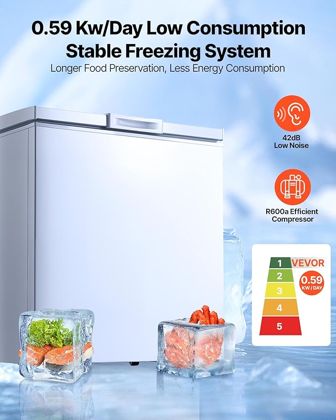 VEVOR Chest Freezer, 5 Cu.ft Compact Deep Freezer, Free Standing Top Open Door Chest Freezers with 2 Removable Baskets & Adjustable Thermostat - Energy Saving, Low Noise & Garage Ready, White