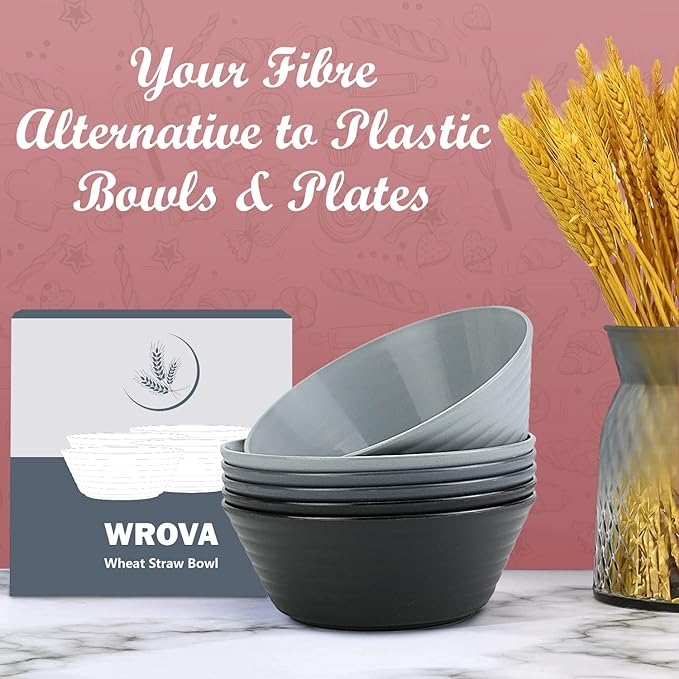 Wrova Wheat Straw Bowl Sets,6 PCS Unbreakable Cereal Bowl 36 OZ,Microwave and Dishwasher Safe Bowls,Salad Bowls for Camping,Rv,Apartment,Dorm,Party (Black Grey)