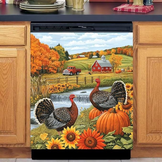 Autumn Farm Scene with Pumpkins Magnetic Dishwasher Cover Vinyl Sticker,Thanksgiving Turkeys Dishwasher Magnet Cover, Fridge Door Cover Magnets Art Skin Panel Decal for Home Decor, 23"X26"