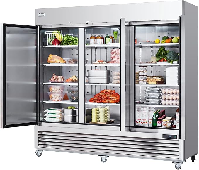 VEVOR Commercial Refrigerator 60.42 Cu.ft, Reach In 82.5" W Upright Refrigerator 3 Doors, Auto-Defrost Stainless Steel Reach-in Refrigerator & 12 Shelves, 33 to 41℉ Temp Control, LED Light, 4 Wheels