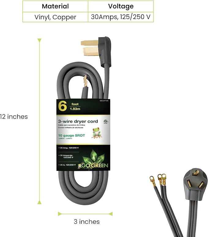 GoGreen Power GG-27106 6’ 3-Wire Dryer Cord, 30 Amps, 6 Ft
