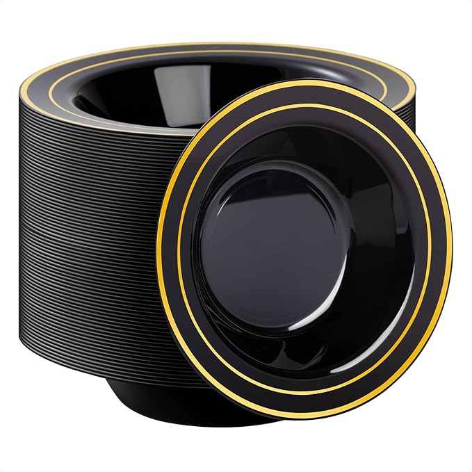 Goodluck 100 Pack Black Plastic Bowls with Gold Rim, 12oz Disposable Soup Bowls, Heavy Duty Dessert Bowls for Weddings, Parties, Dinners, Catering, and New Year