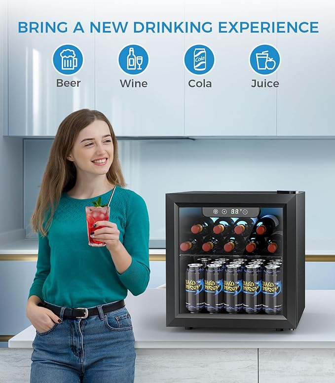 48 Can Beverage Refrigerator Mini Fridge Cooler Glass Door for Beer Soda or Wine, Small Drink Cooler Machine LED Temperature Control for Bar Home, Office 1.3CUFT