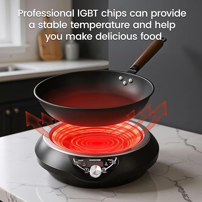 Induction Wok Cooktop Set, 2025 New & Improved Electric Skillet Induction Burner w/Carbon Steel Wok, Glass Vented Lid, Rack, 176°F to 464°F, 18 Hrs Timer, Auto-off (Black 110V~120V)