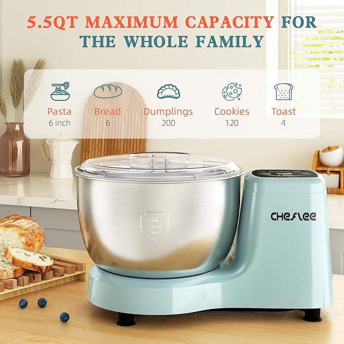 CHeflee Electric Dough Maker 250W,5.5 QT Smart Kneading and Fermenting Mixer Machine,Adjustable Time, 304 Stainless Steel Bowl,Blue