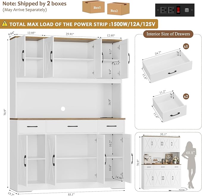 HOSTACK 71" Tall Pantry Cabinet with Charging Station, 55" Wide Kitchen Pantry Storage Cabinet with Countertop, Large Kitchen Hutch with Storage Drawers and Doors for Dining Room, Living Room, White