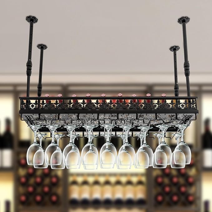 35inch Ceiling Wine Glass Rack, Adjustable Height Hanging Wine Goblet Holder, 2 in 1 Industrial Hanging Bottle Racks Black Metal Ceiling Stemware Shelves for Bar Cafe Kitchen