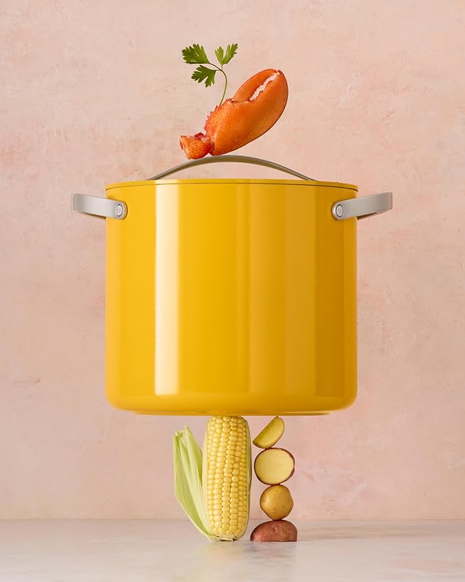 Caraway Stockpot - 12 Qt Ceramic Coated With Lid - Free From Forever Chemicals - Large Pot for Bigger Batches - Gray