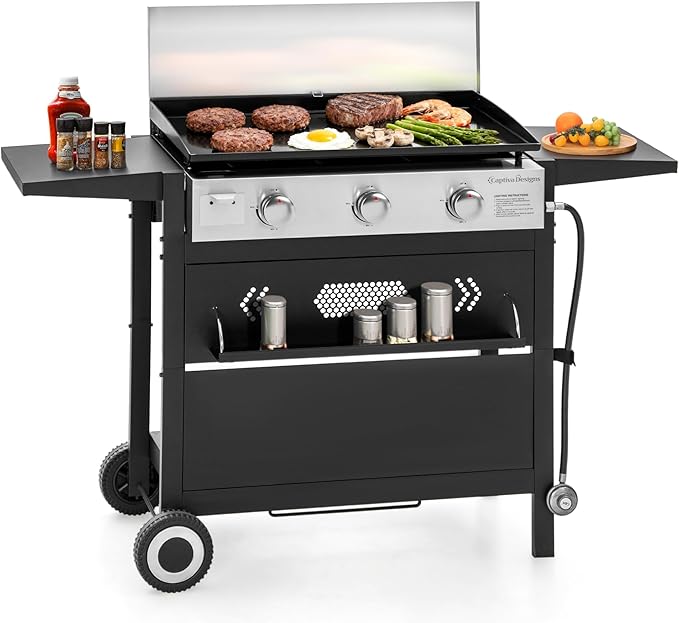 MFSTUDIO 27 Inch Flat Top Propane Gas Griddle Grill, Ceramic Coated Cast Iron Pan, Outdoor Flattop Grill with Lid for Cooking