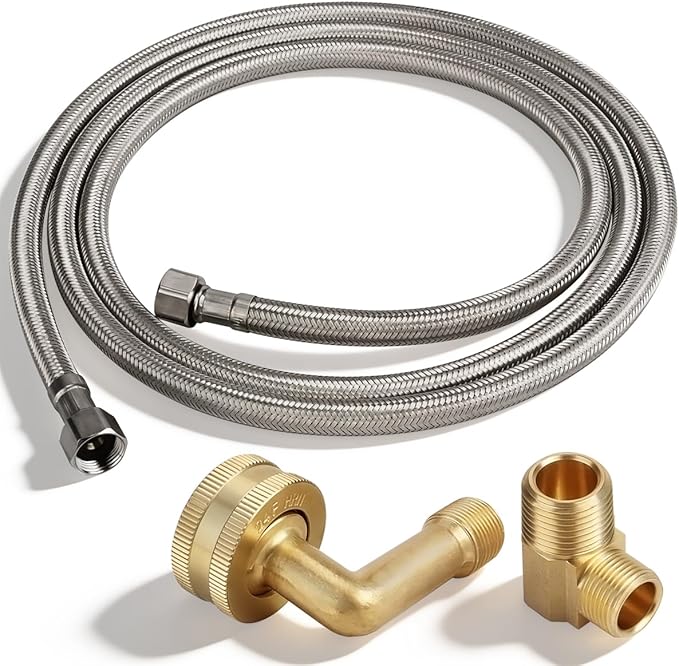 Dishwasher Installation Kit, 6 FT Braided Stainless Steel Supply Line with 3/8"x3/8"MIP Elbow, 3/8"x 3/4" FHT Elbow