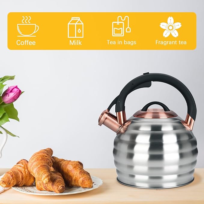 Tea Kettle for Stove Top Whistling Teapot, 3.2Q Tea Pot Stainless Steel Teakettle with Heat Proof Ergonomic Handle