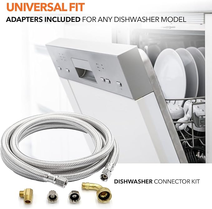 Universal Dishwasher Installation Kit, 3/8" Compression, 5ft long Braided Stainless Steel Hose + 3/4" Hose Bibb Elbow + 3/8" Compression Elbow & Compression Adaptor + 1/2" Compression Adaptor