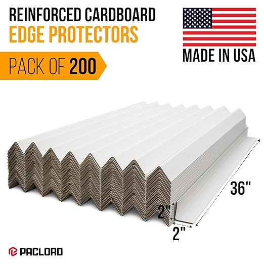 36" x 2" x 2" Reinforced Cardboard Edge Protectors, White (Pack of 200) – 0.12" Thick Medium-Duty Cardboard Corner Protectors for Shipping – American Quality V-Board Pallet Edge Guard